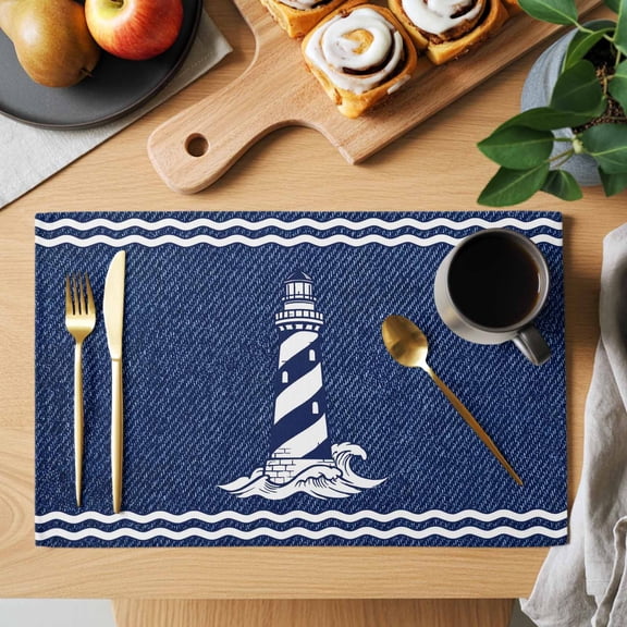 Table Placemats Set of 4 Rustic Nautical Lighthouse Blue Washable Place Mats Classic Denim Marine Theme Non-Slip Insulation Table Mats for Kitchen Dining Party Decoration,13x19 Inch