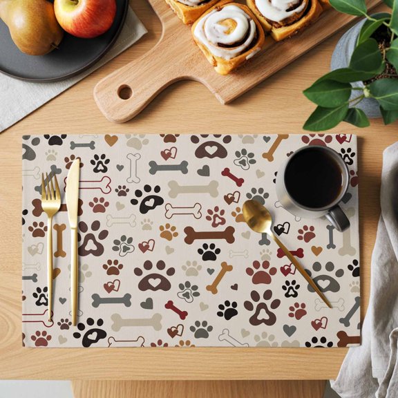 Table Placemats Set of 4 Seamless Dog Paw Bone Texture Washable Place Mats Pet Claw Love Heart on Khaki Non-Slip Insulation Table Mats for Kitchen Dining Party Decoration,13x19 Inch