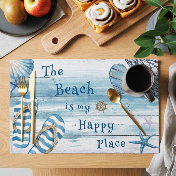 Table Placemats Set of 4 Seaside Slipper Starfish Wood Board Washable Place Mats Summer Beach Blue Theme Non-Slip Insulation Table Mats for Kitchen Dining Party Decoration,13x19 Inch