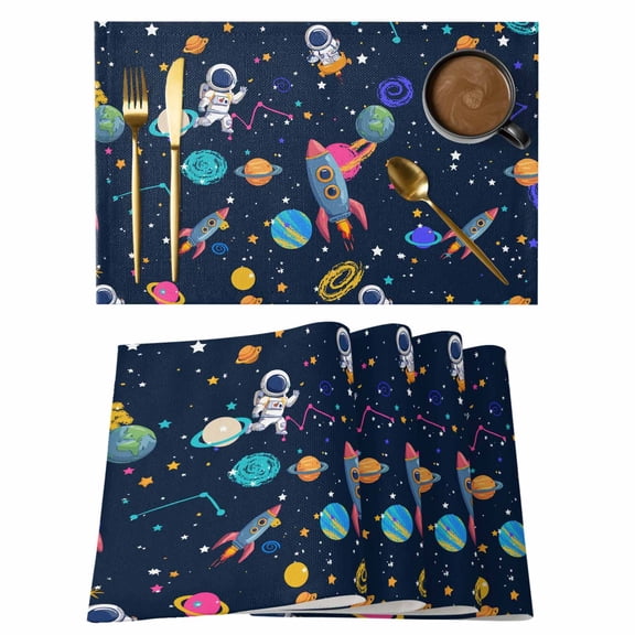 Table Placemats Set of 4,Space Planet Cartoon Rocket Non-Slip Kitchen Dining Tables Place Mat,Stars and Moon on Black Washable Table Mats for Home Dinner Holiday Party Banquet