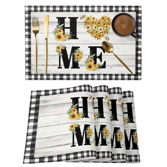 Table Placemats Set of 4,Spring Farm Sunflowers Home Quotes Non-Slip Kitchen Dining Tables Place Mat,Black White Plaid Washable Table Mats for Home Dinner Holiday Party Banquet