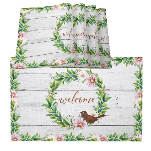 Table Placemats Set of 4,Spring Flower Wreath Welcome Quote Non-Slip Kitchen Dining Tables Place Mat,Retro Farmhouse Plank Washable Table Mats for Home Dinner Holiday Party Banquet