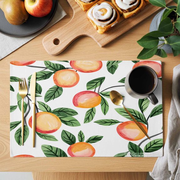 Table Placemats Set of 4 Spring Summer Country Peach on White Washable Place Mats Farmhouse Green Leaves Non-Slip Insulation Table Mats for Kitchen Dining Party Decoration,13x19 Inch