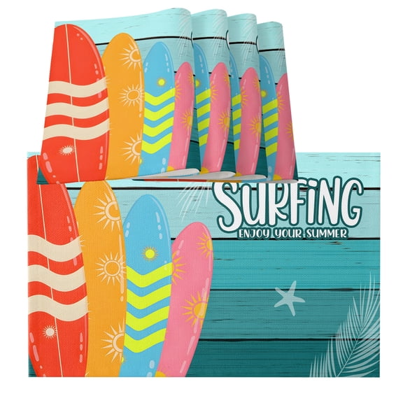 Table Placemats Set of 4,Summer Beach Surfboard Non-Slip Kitchen Dining Tables Place Mat,Teal Gradient Wood Board Washable Table Mats for Home Dinner Holiday Party Banquet