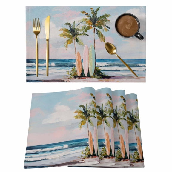 Table Placemats Set of 4,Summer Blue Ocean Surfboard Non-Slip Kitchen Dining Tables Place Mat,Tropical Plant Palm Tree Washable Table Mats for Home Dinner Holiday Party Banquet