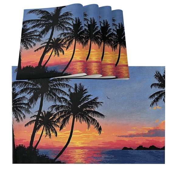 Table Placemats Set of 4,Summer Coastal Palms Ocean Dusk Sunset Non-Slip Kitchen Dining Tables Place Mat,Tropical Island Washable Table Mats for Home Dinner Holiday Party Banquet