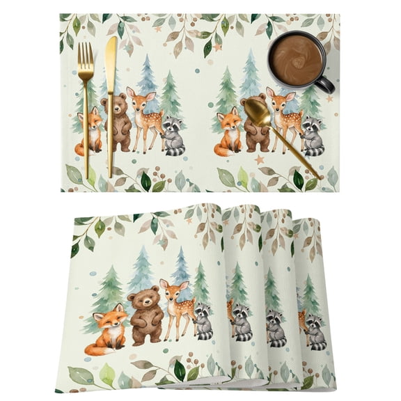 Table Placemats Set of 4,Summer Forests Bear Fox Raccoon Non-Slip Kitchen Dining Tables Place Mat,Pine Tree Leaves on Green Washable Table Mats for Home Dinner Holiday Party Banquet