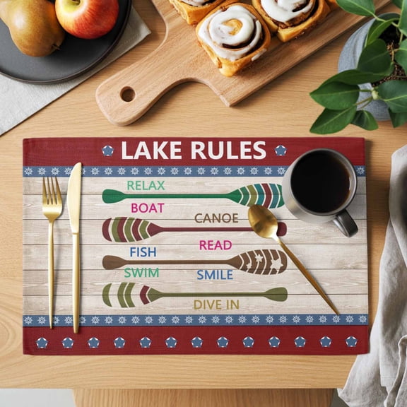 Table Placemats Set of 4 Summer Lake Rules Paddle Washable Place Mats Farm Wood Grain Red Maroon Non-Slip Insulation Table Mats for Kitchen Dining Party Decoration,13x19 Inch