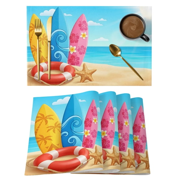 Table Placemats Set of 4,Summer Ocean Beach Surfboard Non-Slip Kitchen Dining Tables Place Mat,Swim Rings Starfish Blue Sky Washable Table Mats for Home Dinner Holiday Party Banquet