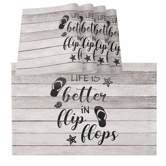 Table Placemats Set of 4,Summer Ocean Theme Texts with Flip Flops Non-Slip Kitchen Dining Tables Place Mat,Wooden Grain Washable Table Mats for Home Dinner Holiday Party Banquet