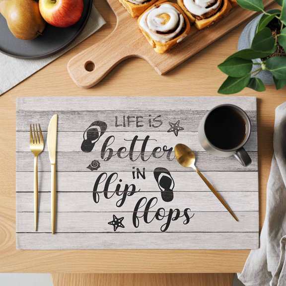 Table Placemats Set of 4 Summer Ocean Theme Texts with Flip Flops Washable Place Mats Wooden Grain Non-Slip Insulation Table Mats for Kitchen Dining Party Decoration,13x19 Inch