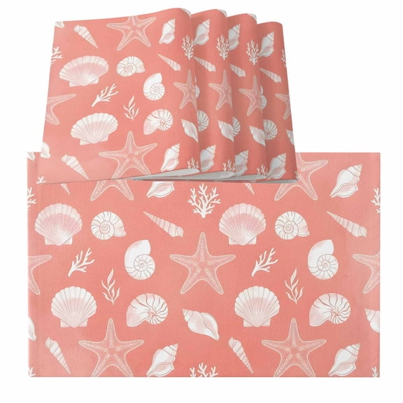 Table Placemats Set of 4,Summer Seashells Starfish Coral on Orange Non-Slip Kitchen Dining Tables Place Mat,Marine Life Washable Table Mats for Home Dinner Holiday Party Banquet