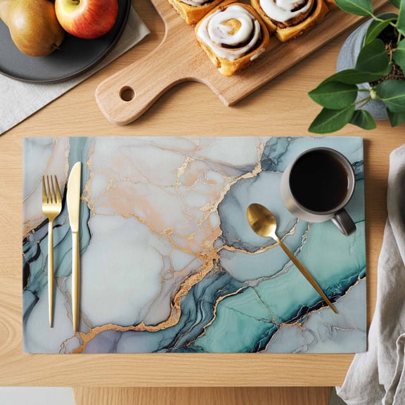 Table Placemats Set of 4 Teal Blue Gradient Marble Washable Place Mats Turquoise Abstract Stripes Art Non-Slip Insulation Table Mats for Kitchen Dining Party Decoration,13x19 Inch
