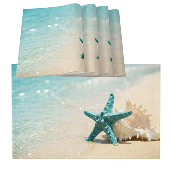 Table Placemats Set of 4,Turquoise Starfish White Conch Non-Slip Kitchen Dining Tables Place Mat,Summer Ocean Life Beach Theme Washable Table Mats for Home Dinner Holiday Party Banquet
