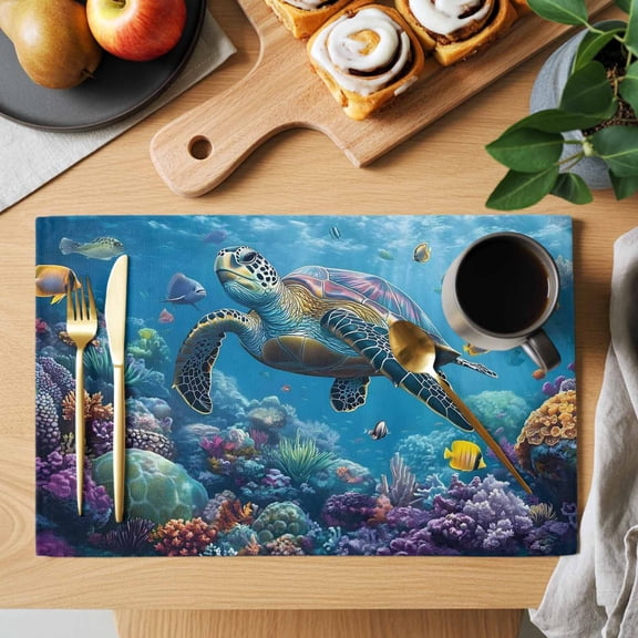 Table Placemats Set of 4 Underwater Sea Turtle Coral Fish Washable Place Mats Summer Ocean Water Non-Slip Insulation Table Mats for Kitchen Dining Party Decoration,13x19 Inch