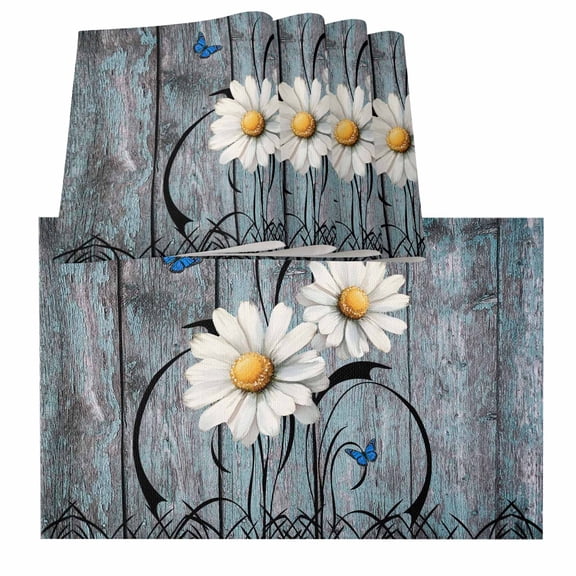 Table Placemats Set of 4,Vintage Daisy Flowers Butterflies Non-Slip Kitchen Dining Tables Place Mat,Shabby Farm Wood Grain Washable Table Mats for Home Dinner Holiday Party Banquet