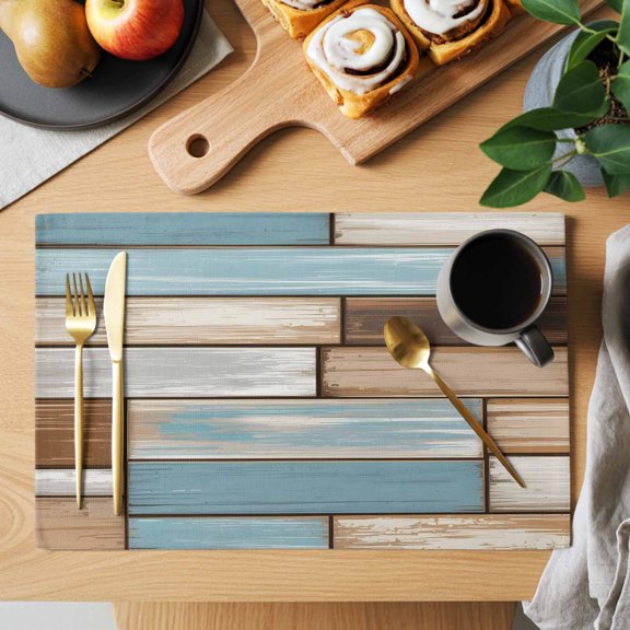 Table Placemats Set of 4 Vintage Farmhouse Wooden Board Washable Place Mats Rustic Blue Brown Wood Plank Non-Slip Insulation Table Mats for Kitchen Dining Party Decoration,13x19 Inch