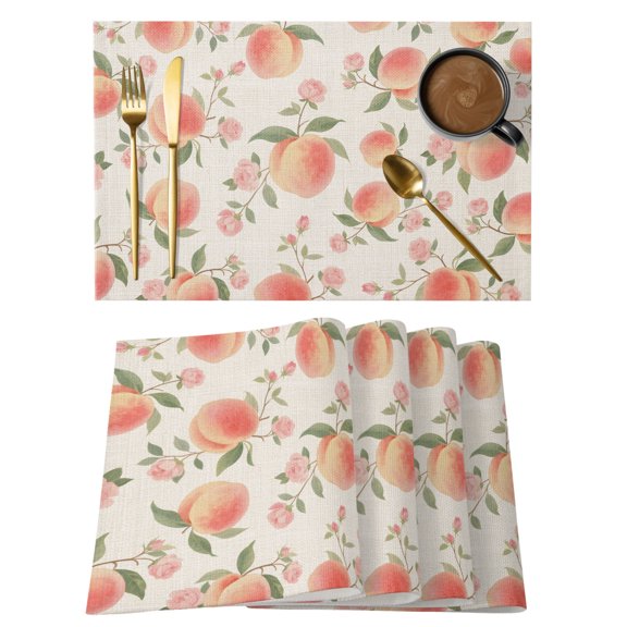Table Placemats Set of 4,Vintage Pink Peaches Flowers Non-Slip Kitchen Dining Tables Place Mat,Summer Fruit on Linen Washable Table Mats for Home Dinner Holiday Party Banquet
