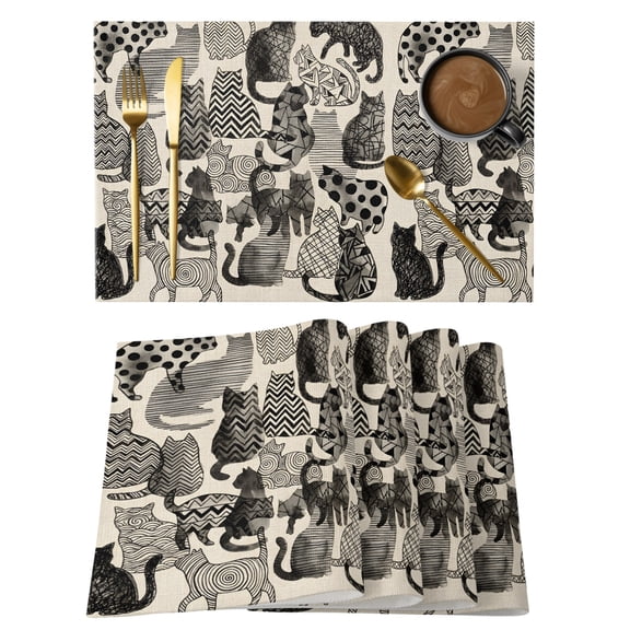 Table Placemats Set of 4,Vintage Wave Points Stripes Cats on Linen Non-Slip Kitchen Dining Tables Place Mat,Geometric Texture Washable Table Mats for Home Dinner Holiday Party Banquet