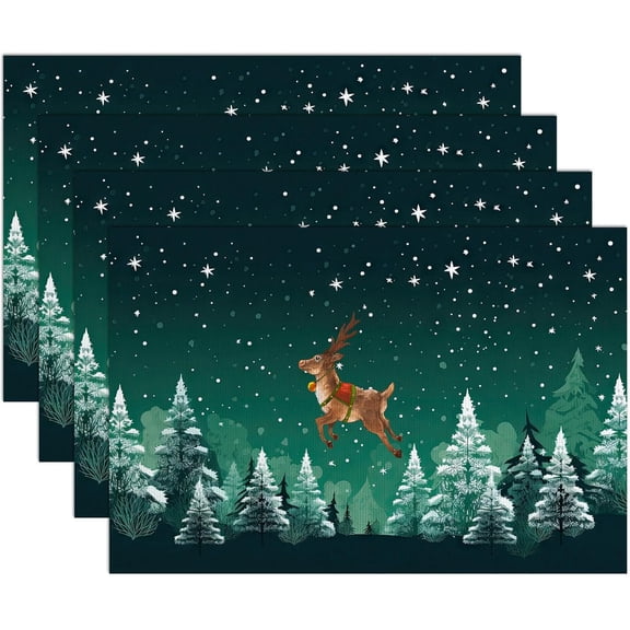 Table Placemats Set of 4,Washable Wipeable PVC Vinyl Woven,Heat Resistant Placemats for Dining Tables,11.7x17.5 Inch Place Mats Indoor Set of 4,Christmas Tree Elk