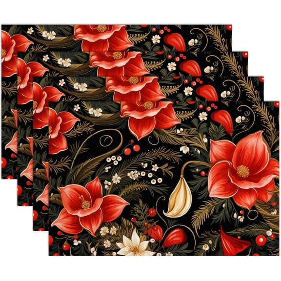 Table Placemats Set of 4,Washable Wipeable PVC Vinyl Woven,Heat Resistant Placemats for Dining Tables,11.7x17.5 Inch Place Mats Indoor Set of 4,Red Black Floral