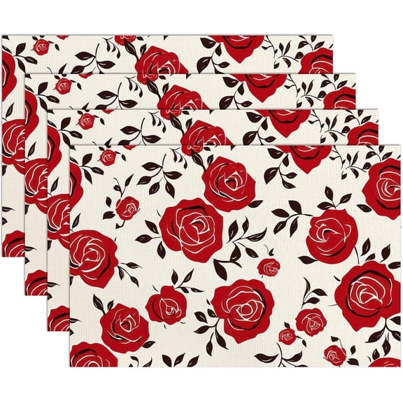 Table Placemats Set of 4,Washable Wipeable PVC Vinyl Woven,Heat Resistant Placemats for Dining Tables,11.7x17.5 Inch Place Mats Indoor Set of 4,Red Rose