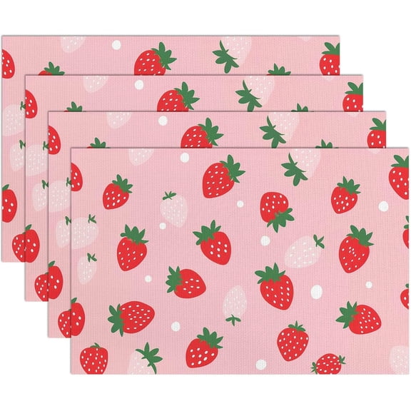 Table Placemats Set of 4,Washable Wipeable PVC Vinyl Woven,Heat Resistant Placemats for Dining Tables,12x18 Inch Place Mats Indoor Set of 4,Fruit Strawberry