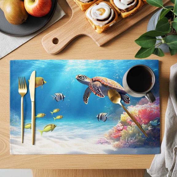 Table Placemats Set of 4 Watercolor Coral Sea Turtle Fish Washable Place Mats Underwater World Non-Slip Insulation Table Mats for Kitchen Dining Party Decoration,13x19 Inch