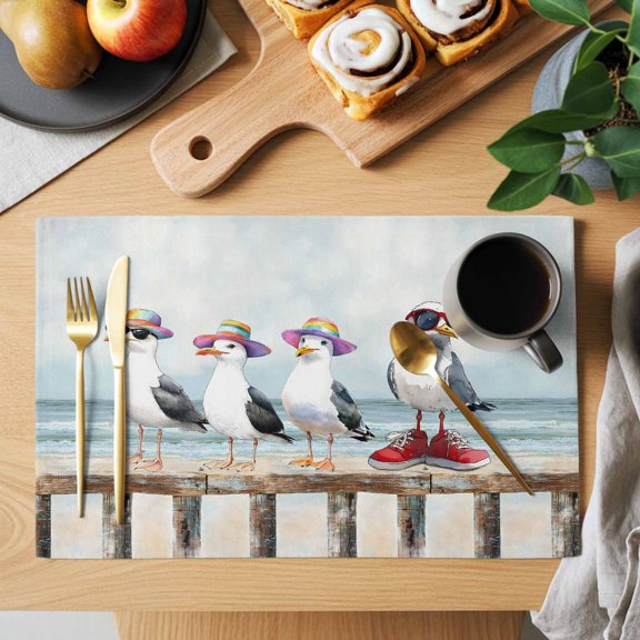 Table Placemats Set of 4 Watercolor Funny Seagull Bird Washable Place Mats Ocean Beach Coast Scene Non-Slip Insulation Table Mats for Kitchen Dining Party Decoration,13x19 Inch