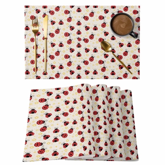 Table Placemats Set of 4,Watercolor Ladybug on Burlap Non-Slip Kitchen Dining Tables Place Mat,Spring Daisy Flower Insects Washable Table Mats for Home Dinner Holiday Party Banquet
