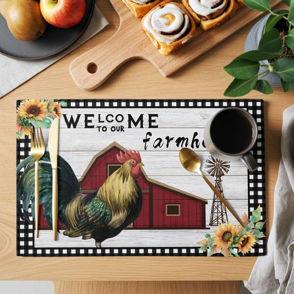 Table Placemats Set of 4 Welcome to Our Farmhouse Words Washable Place Mats Rooster Windmill Sunflowers Non-Slip Insulation Table Mats for Kitchen Dining Party Decoration,13x19 Inch