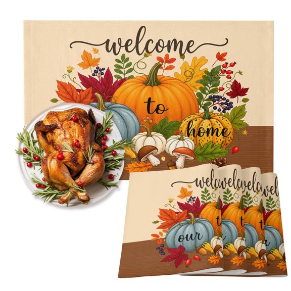 Table Placemats Set of 4,Welcome to Our Home Words Non-Slip Kitchen Dining Tables Place Mat,Thanksgiving Maple Leaves Washable Table Mats for Home Dinner Holiday Party Banquet