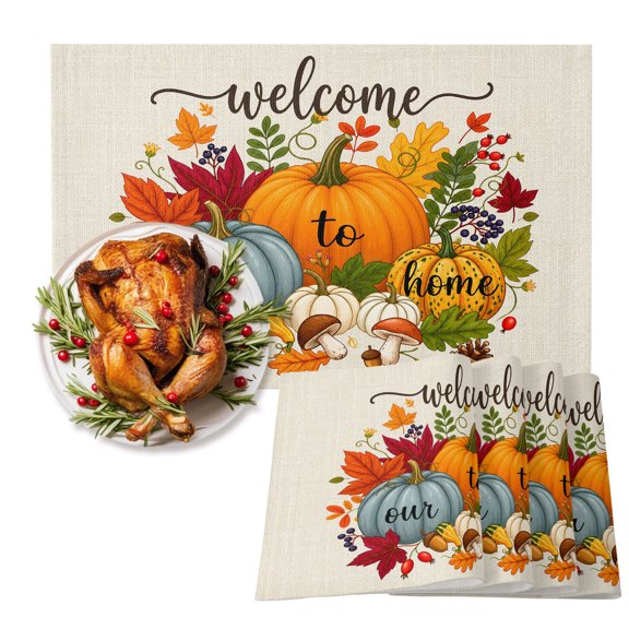 Table Placemats Set of 4,Welcome to Our Home Words Non-Slip Kitchen Dining Tables Place Mat,Thanksgiving Pumpkins Washable Table Mats for Home Dinner Holiday Party Banquet