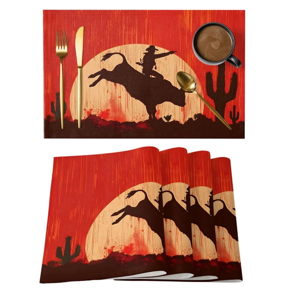 Table Placemats Set of 4,Western Cowboys Horse Riding on Red Non-Slip Kitchen Dining Tables Place Mat,Abstract Cactus Desert Washable Table Mats for Home Dinner Holiday Party Banquet