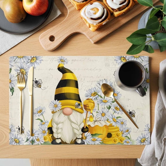 Table Placemats Set of 4 White Daisy Pastoral Gnome Bee Washable Place Mats Summer Honey Hive Non-Slip Insulation Table Mats for Kitchen Dining Party Decoration,13x19 Inch