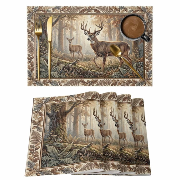 Table Placemats Set of 4,Wild Elk Deer Natural Forest Scene Non-Slip Kitchen Dining Tables Place Mat,Botanical Leaves Trees Washable Table Mats for Home Dinner Holiday Party Banquet