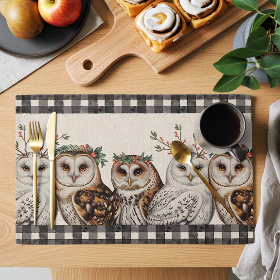 Table Placemats Set of 4 Winter Owls with Berry Leaf Washable Place Mats Retro Linen Buffalo Plaid Non-Slip Insulation Table Mats for Kitchen Dining Party Decoration,13x19 Inch