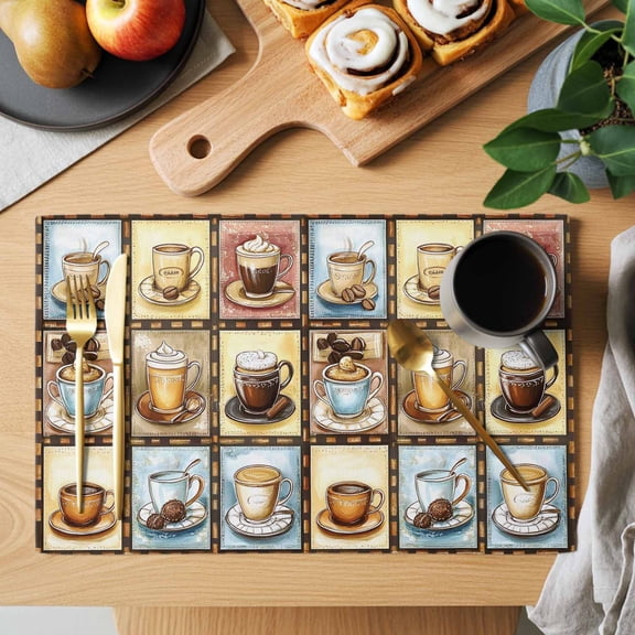 Table Placemats Set of 6 Cafe Coffee Cup Washable Place Mats Retro Plaid Illustration Art Non-Slip Insulation Table Mats for Kitchen Dining Party Decoration,13x19 Inch