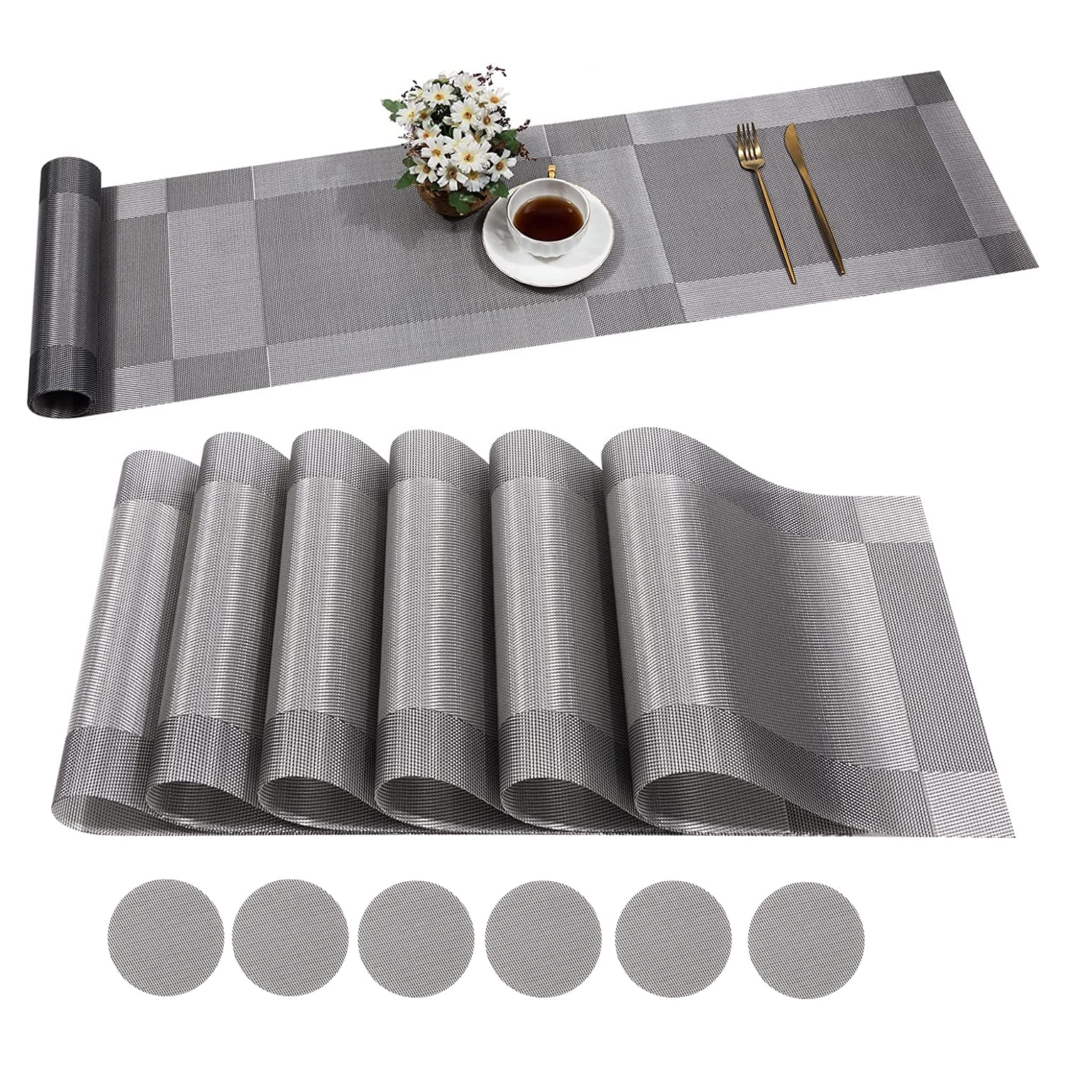 Sliver Gray Dining Decor Plastic Table Placemats (6) & Coasters with
