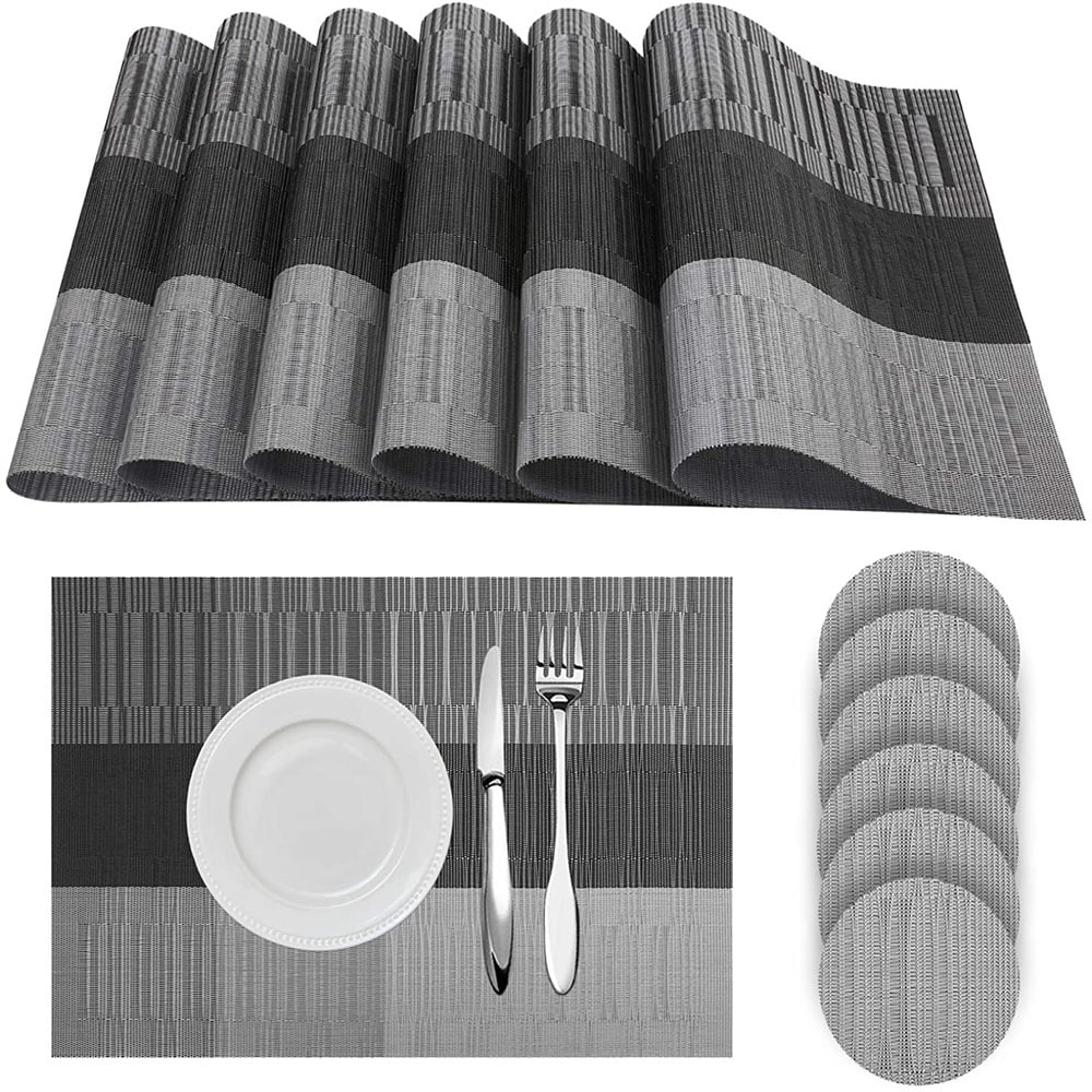 Table Placemats Set of 6 with Coasters Crossweave Woven Vinyl Wipe Clean Heat Resistant Washable Table Mats and Runner Set for Dining Table, Black Gray - Walmart.com