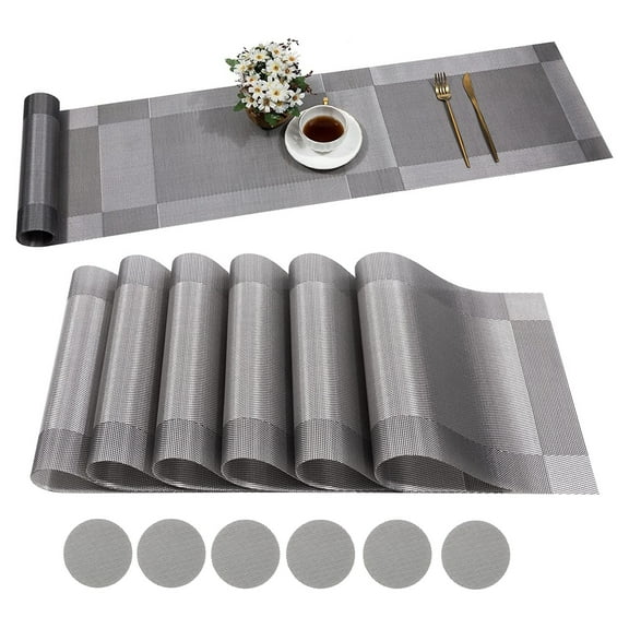 Table Placemats Set of 6 with Coasters Crossweave Woven Vinyl Wipe Clean Heat Resistant Washable Table Mats and Runner Set for Dining Table, Sliver Gray