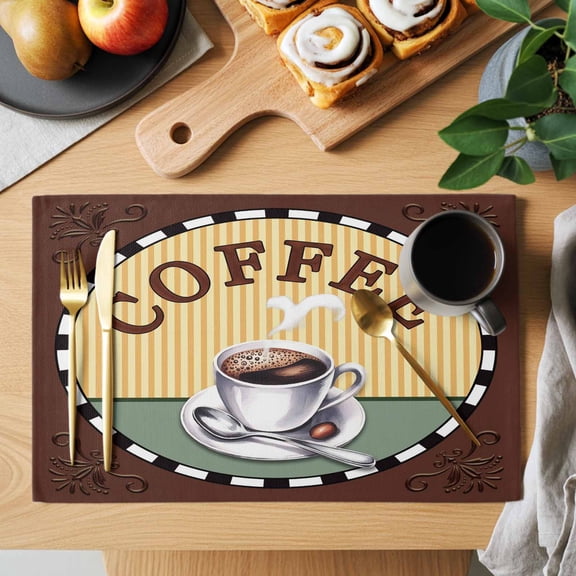 Table Placemats Set of 6 Coffee Cup Farm Flower Damask Washable Place Mats Rustic Country Farmhouse Non-Slip Insulation Table Mats for Kitchen Dining Party Decoration,13x19 Inch