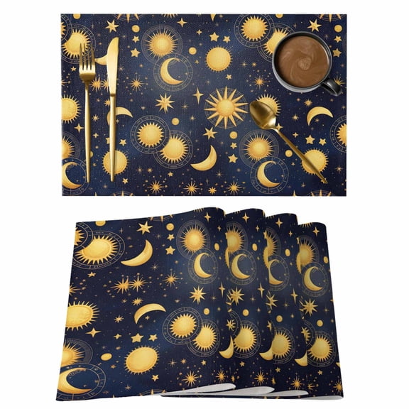 Table Placemats Set of 6,Fantasy Galaxy Moon Sun Non-Slip Kitchen Dining Tables Place Mat,Cartoon Starry Night Washable Table Mats for Home Dinner Holiday Party Banquet
