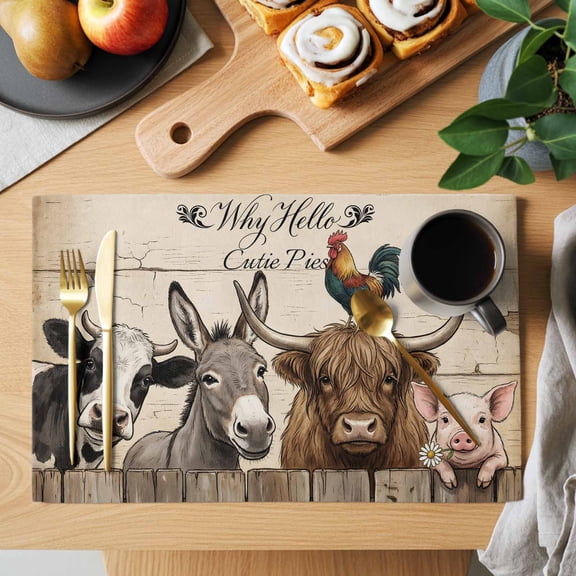 Table Placemats Set of 6 Farm Cow Donkey Pig Rooster Washable Place Mats Retro Wood Fence Shabby Wall Non-Slip Insulation Table Mats for Kitchen Dining Party Decoration,13x19 Inch