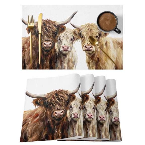 Table Placemats Set of 6,Farmhouse Highland Cows Non-Slip Kitchen Dining Tables Place Mat,Watercolor Three Highland Cattle Washable Table Mats for Home Dinner Holiday Party Banquet