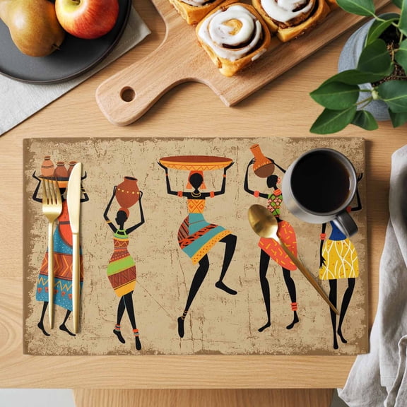 Table Placemats Set of 6 Folk African Women Dancing Washable Place Mats Tribal Art on Retro Brown Non-Slip Insulation Table Mats for Kitchen Dining Party Decoration,13x19 Inch