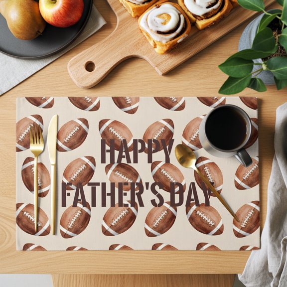 Table Placemats Set of 6 Happy Father's Day Words Washable Place Mats Football Pattern Background Non-Slip Insulation Table Mats for Kitchen Dining Party Decoration,13x19 Inch