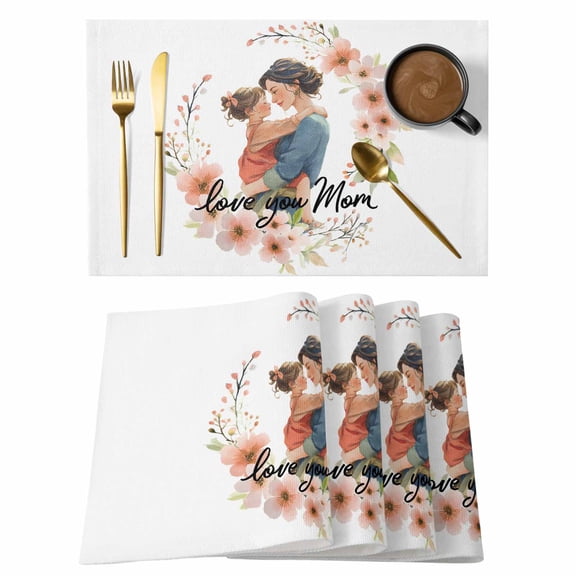 Table Placemats Set of 6,Mother's Day Flower Wreath Non-Slip Kitchen Dining Tables Place Mat,Love You Mom Quote Washable Table Mats for Home Dinner Holiday Party Banquet