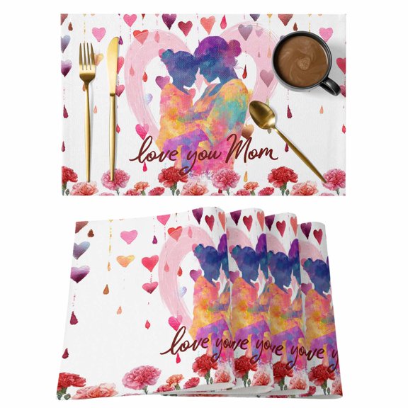 Table Placemats Set of 6,Mother's Day Pink Rose Heart Non-Slip Kitchen Dining Tables Place Mat,Love You Mom Words Washable Table Mats for Home Dinner Holiday Party Banquet