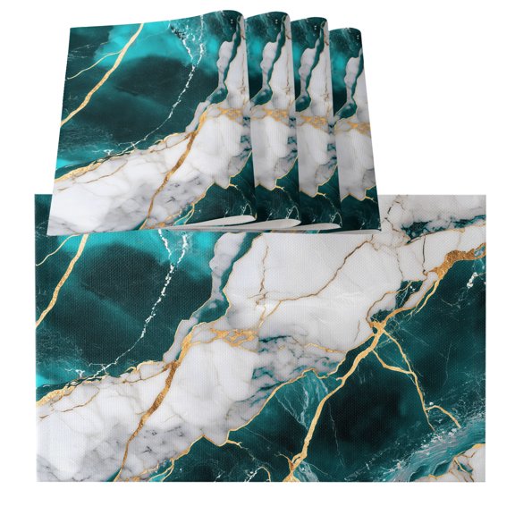 Table Placemats Set of 6,Natural Marble Stone Texture Non-Slip Kitchen Dining Tables Place Mat,Modern Turquoise Rock Gold Stripe Washable Table Mats for Home Dinner Holiday Party Banquet